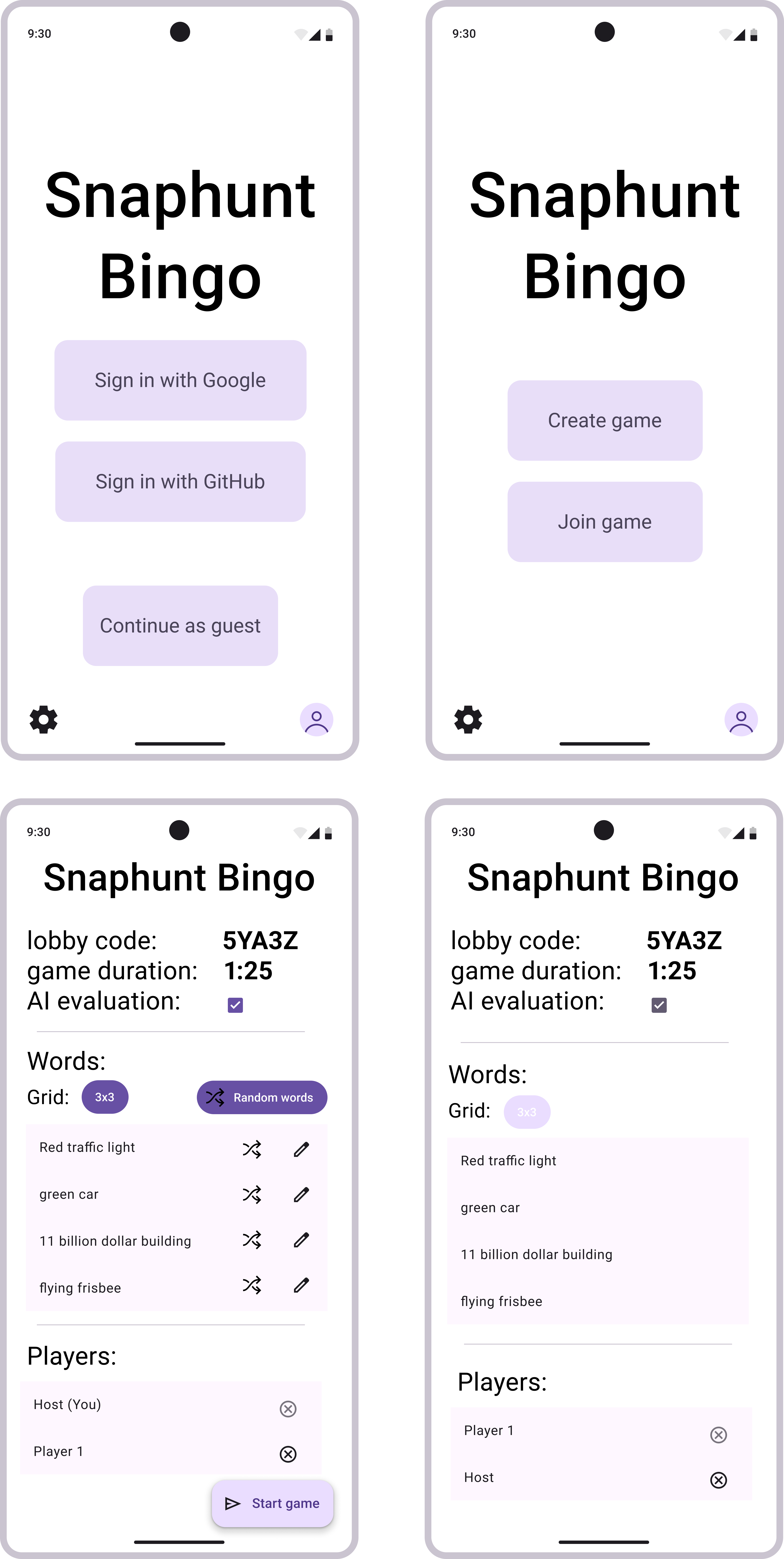 Login, Lobby and game settings screens