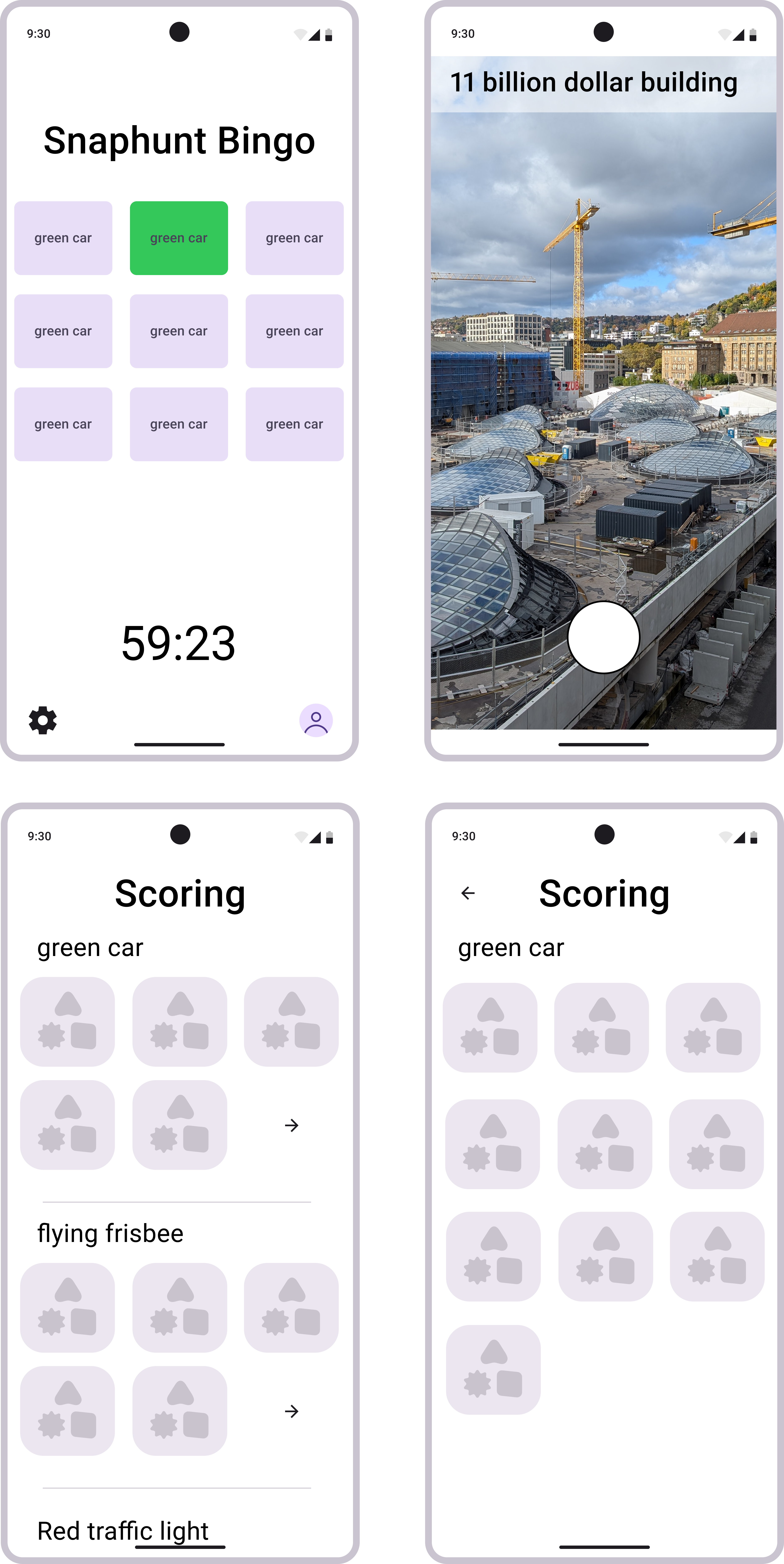 Bingo board, image taker and scoring selection screens